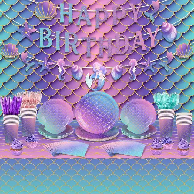 Main image of Roshtia 172 Pcs Mermaid Birthday Party Supplies Serve 24 Under the Sea Plates Napkins Pink Purple Happy Birthday Banner Backdrop Tablecloth Cutlery for Summer Ocean Mermaid Beach Party Decor