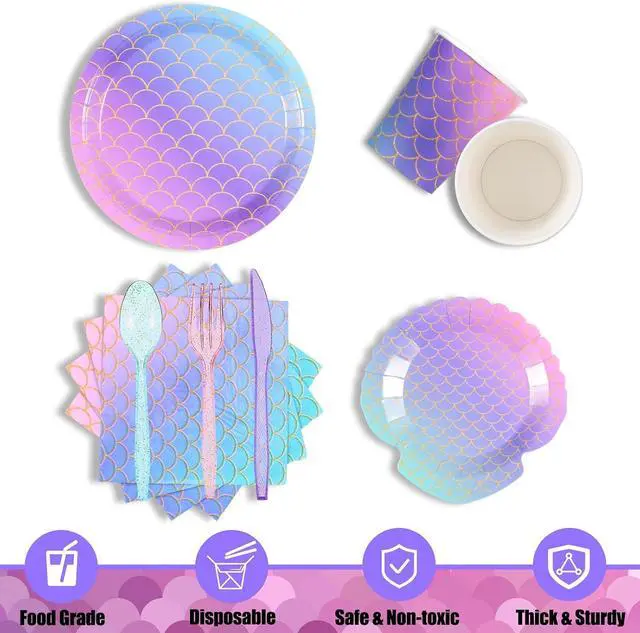Alt view image 5 of 6 - Roshtia 172 Pcs Mermaid Birthday Party Supplies Serve 24 Under the Sea Plates Napkins Pink Purple Happy Birthday Banner Backdrop Tablecloth Cutlery for Summer Ocean Mermaid Beach Party Decor