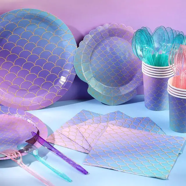 Alt view image 2 of 6 - Roshtia 172 Pcs Mermaid Birthday Party Supplies Serve 24 Under the Sea Plates Napkins Pink Purple Happy Birthday Banner Backdrop Tablecloth Cutlery for Summer Ocean Mermaid Beach Party Decor