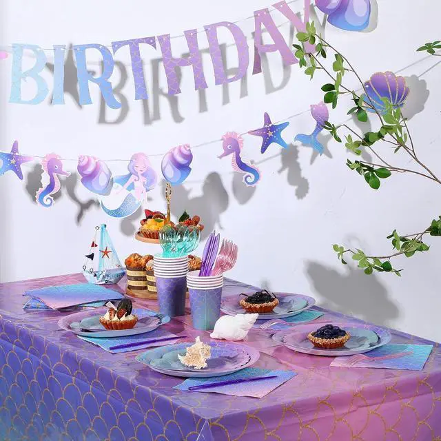 Alt view image 4 of 6 - Roshtia 172 Pcs Mermaid Birthday Party Supplies Serve 24 Under the Sea Plates Napkins Pink Purple Happy Birthday Banner Backdrop Tablecloth Cutlery for Summer Ocean Mermaid Beach Party Decor