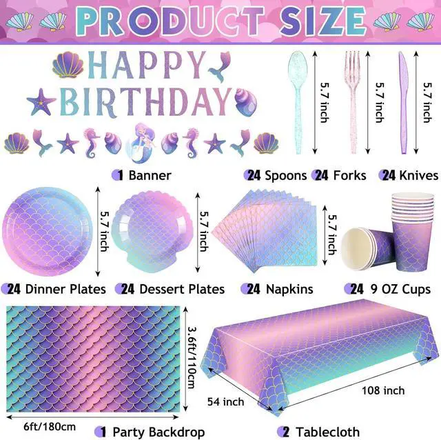 Alt view image 3 of 6 - Roshtia 172 Pcs Mermaid Birthday Party Supplies Serve 24 Under the Sea Plates Napkins Pink Purple Happy Birthday Banner Backdrop Tablecloth Cutlery for Summer Ocean Mermaid Beach Party Decor