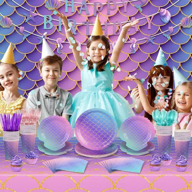 Alt view image 6 of 6 - Roshtia 172 Pcs Mermaid Birthday Party Supplies Serve 24 Under the Sea Plates Napkins Pink Purple Happy Birthday Banner Backdrop Tablecloth Cutlery for Summer Ocean Mermaid Beach Party Decor