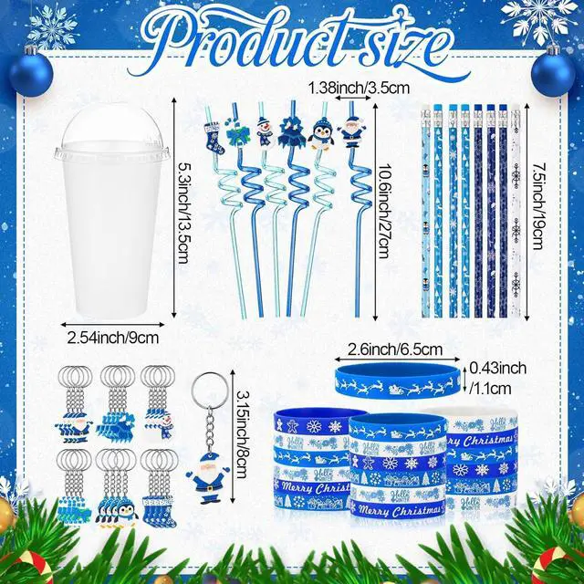 Alt view image 6 of 6 - Seenelling 24 Set Winter Holiday Stationery Party Favors for Students Xmas Gift Cups Filler with Keychain Pencil Straw Silicone Bracelet for Christmas Stocking Stuffers Classroom Exchange Gift