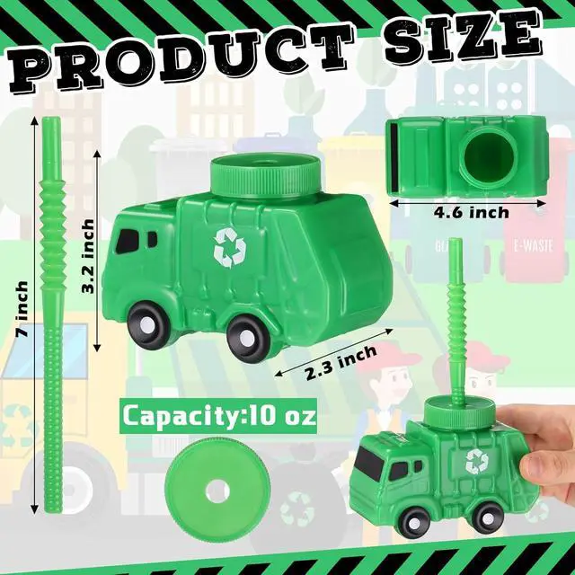 Alt view image 2 of 6 - Tanlade 24 Sets Garbage Truck Cups with Straws, Trash Truck Birthday Party Decorations, 10 oz Plastic Garbage Car Shape Cup Reusable Car Party Decoration Vehicles Birthday