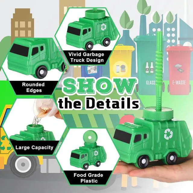 Alt view image 3 of 6 - Tanlade 24 Sets Garbage Truck Cups with Straws, Trash Truck Birthday Party Decorations, 10 oz Plastic Garbage Car Shape Cup Reusable Car Party Decoration Vehicles Birthday