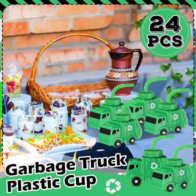 Alt view image 4 of 6 - Tanlade 24 Sets Garbage Truck Cups with Straws, Trash Truck Birthday Party Decorations, 10 oz Plastic Garbage Car Shape Cup Reusable Car Party Decoration Vehicles Birthday