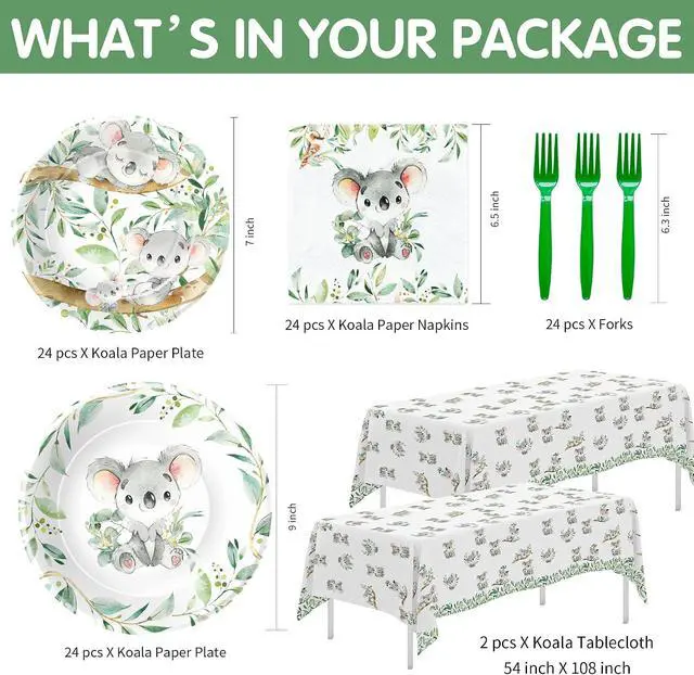 Alt view image 2 of 7 - APOWBLS Koala Birthday Party Supplies - Safari Jungle Animal Australian Koala Theme Baby Shower Birthday Decorations Tableware, Paper Plates, Napkins, Tablecloth, Forks | Serves 24