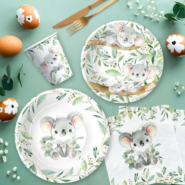 Alt view image 3 of 7 - APOWBLS Koala Birthday Party Supplies - Safari Jungle Animal Australian Koala Theme Baby Shower Birthday Decorations Tableware, Paper Plates, Napkins, Tablecloth, Forks | Serves 24