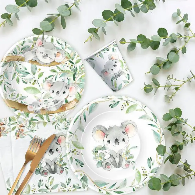 Alt view image 4 of 7 - APOWBLS Koala Birthday Party Supplies - Safari Jungle Animal Australian Koala Theme Baby Shower Birthday Decorations Tableware, Paper Plates, Napkins, Tablecloth, Forks | Serves 24