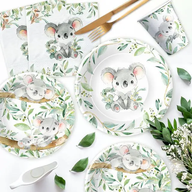 Alt view image 6 of 7 - APOWBLS Koala Birthday Party Supplies - Safari Jungle Animal Australian Koala Theme Baby Shower Birthday Decorations Tableware, Paper Plates, Napkins, Tablecloth, Forks | Serves 24