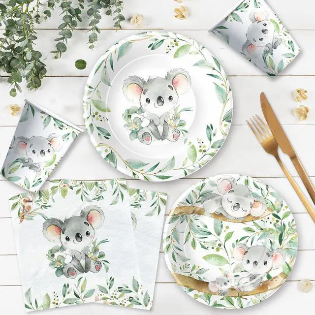 Alt view image 7 of 7 - APOWBLS Koala Birthday Party Supplies - Safari Jungle Animal Australian Koala Theme Baby Shower Birthday Decorations Tableware, Paper Plates, Napkins, Tablecloth, Forks | Serves 24