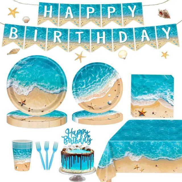 Main image of Beach Party Decorations, Ocean Themed Party Decorations Include Plates Napkins, Cake Topper, Cups Banner Tablecloth for Hawaiian Pool Summer Birthday Party Supplies, Serve 20
