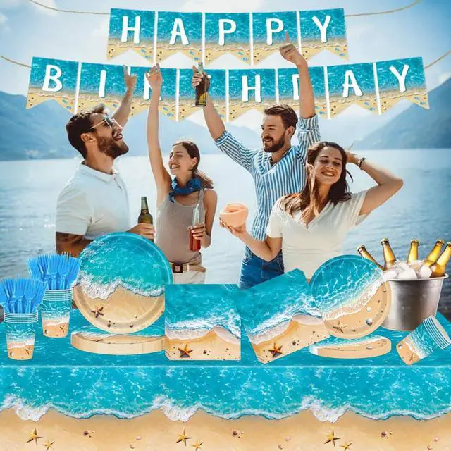 Alt view image 2 of 7 - Beach Party Decorations, Ocean Themed Party Decorations Include Plates Napkins, Cake Topper, Cups Banner Tablecloth for Hawaiian Pool Summer Birthday Party Supplies, Serve 20