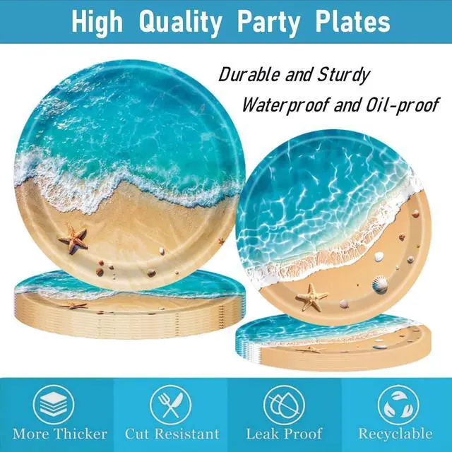 Alt view image 3 of 7 - Beach Party Decorations, Ocean Themed Party Decorations Include Plates Napkins, Cake Topper, Cups Banner Tablecloth for Hawaiian Pool Summer Birthday Party Supplies, Serve 20