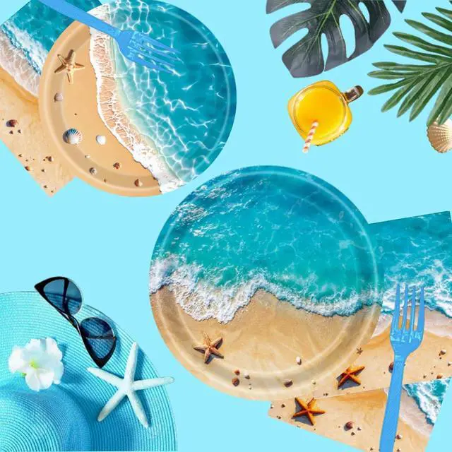 Alt view image 4 of 7 - Beach Party Decorations, Ocean Themed Party Decorations Include Plates Napkins, Cake Topper, Cups Banner Tablecloth for Hawaiian Pool Summer Birthday Party Supplies, Serve 20