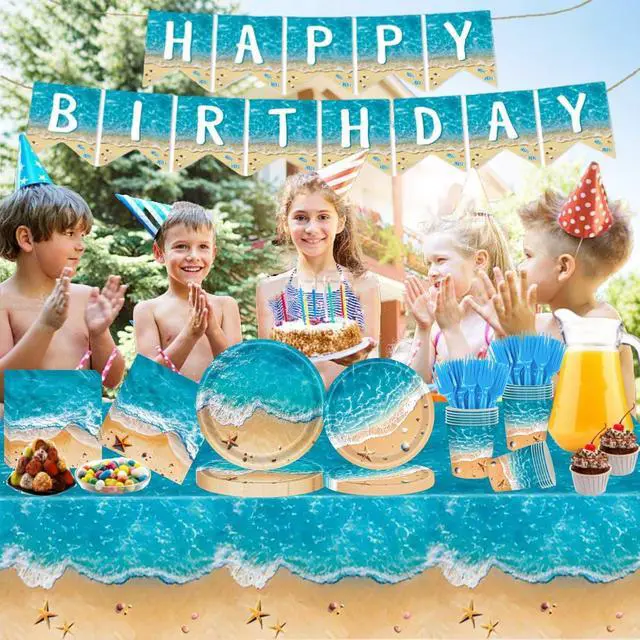 Alt view image 5 of 7 - Beach Party Decorations, Ocean Themed Party Decorations Include Plates Napkins, Cake Topper, Cups Banner Tablecloth for Hawaiian Pool Summer Birthday Party Supplies, Serve 20