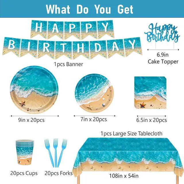 Alt view image 6 of 7 - Beach Party Decorations, Ocean Themed Party Decorations Include Plates Napkins, Cake Topper, Cups Banner Tablecloth for Hawaiian Pool Summer Birthday Party Supplies, Serve 20