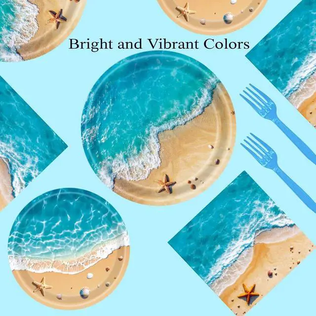 Alt view image 7 of 7 - Beach Party Decorations, Ocean Themed Party Decorations Include Plates Napkins, Cake Topper, Cups Banner Tablecloth for Hawaiian Pool Summer Birthday Party Supplies, Serve 20