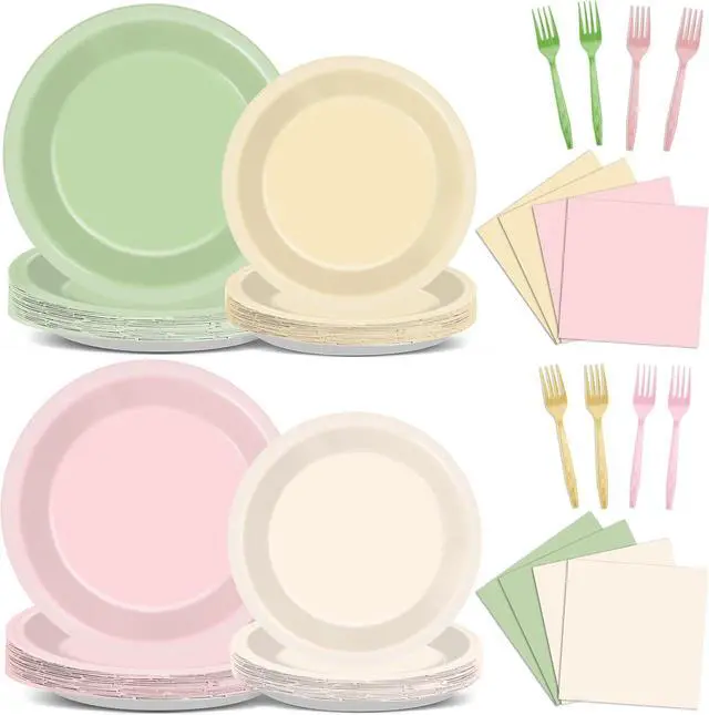 Main image of 96Pcs Pink and Sage Green Birthday Party Decorations Olive Dusty Pink Metallic Gold Nude Paper Plates and Napkins Boho Tablewares for Girl Birthday Baby Shower Bachelorette Party Supplies 24 Guest