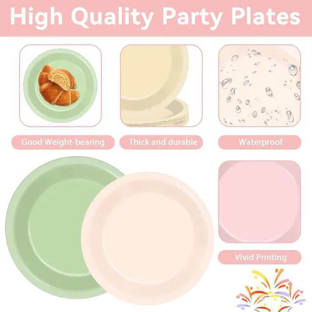 Alt view image 3 of 7 - 96Pcs Pink and Sage Green Birthday Party Decorations Olive Dusty Pink Metallic Gold Nude Paper Plates and Napkins Boho Tablewares for Girl Birthday Baby Shower Bachelorette Party Supplies 24 Guest
