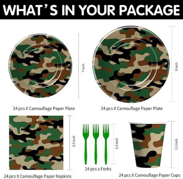 Alt view image 2 of 7 - Camouflage Plates And Napkins Party Supplies - Camo Camouflage Themed Party Decorations Tableware, Plate, Cup, Napkin, Fork, Hunting Army Military Theme Birthday Table Decorations | Serve 24