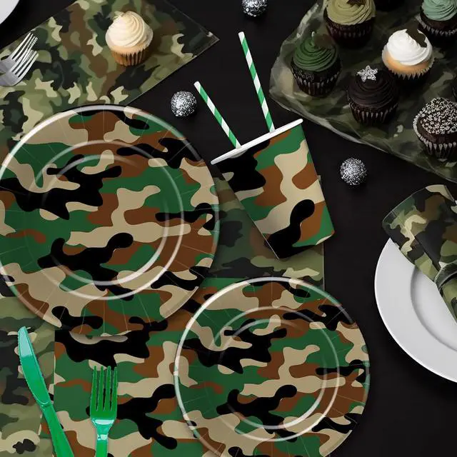 Alt view image 3 of 7 - Camouflage Plates And Napkins Party Supplies - Camo Camouflage Themed Party Decorations Tableware, Plate, Cup, Napkin, Fork, Hunting Army Military Theme Birthday Table Decorations | Serve 24