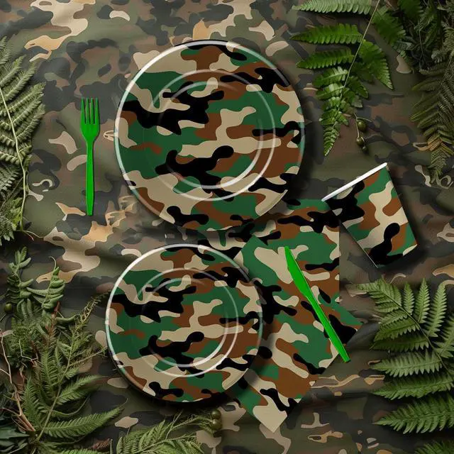 Alt view image 4 of 7 - Camouflage Plates And Napkins Party Supplies - Camo Camouflage Themed Party Decorations Tableware, Plate, Cup, Napkin, Fork, Hunting Army Military Theme Birthday Table Decorations | Serve 24