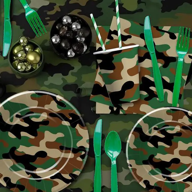 Alt view image 6 of 7 - Camouflage Plates And Napkins Party Supplies - Camo Camouflage Themed Party Decorations Tableware, Plate, Cup, Napkin, Fork, Hunting Army Military Theme Birthday Table Decorations | Serve 24
