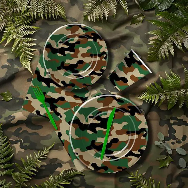 Alt view image 7 of 7 - Camouflage Plates And Napkins Party Supplies - Camo Camouflage Themed Party Decorations Tableware, Plate, Cup, Napkin, Fork, Hunting Army Military Theme Birthday Table Decorations | Serve 24