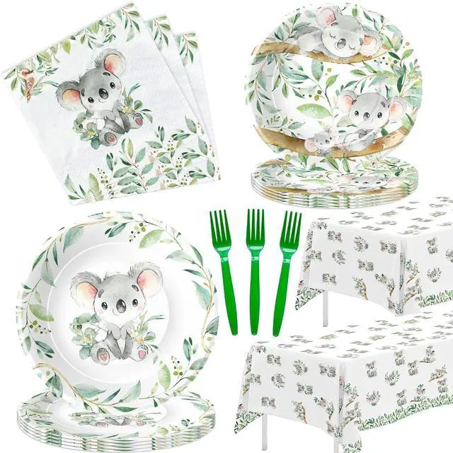 Main image of APOWBLS Koala Birthday Party Supplies - Safari Jungle Animal Australian Koala Theme Baby Shower Birthday Decorations Tableware, Paper Plates, Napkins, Tablecloth, Forks | Serves 24