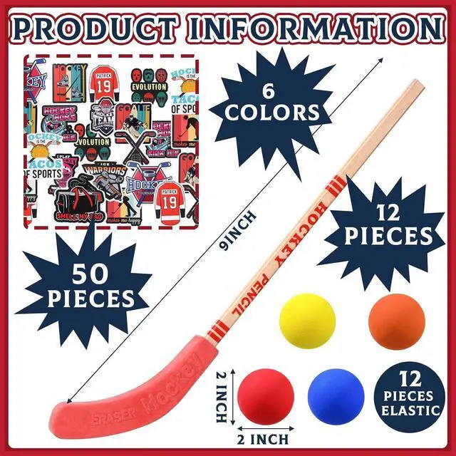 Alt view image 3 of 7 - Hungdao 98 Pcs Hockey Party Favors Include 12 Ice Hockey Pencil with Eraser 12 Foam Knee Ball 12 Silicone Bracelet 12 Motivational Keychain 50 Sheet Sticker for Sport Team Birthday Party Supplies Gift