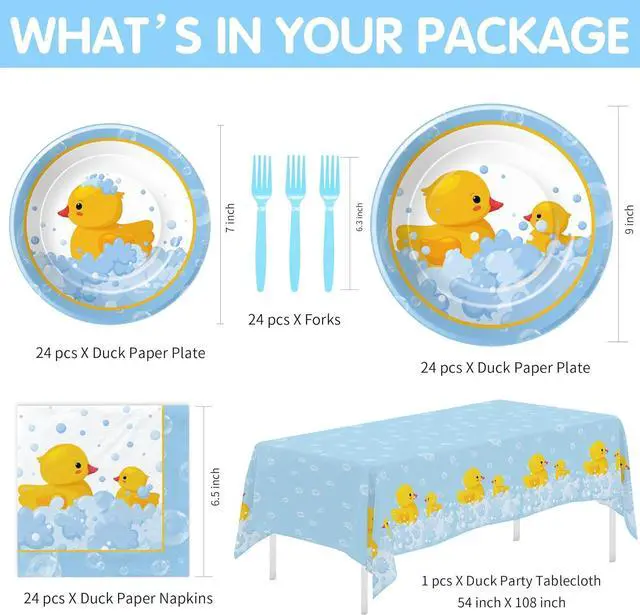 Alt view image 2 of 7 - APOWBLS Rubber Duck Decorations Tableware - Bubble Bath Rubber Duck Party Supplies For Baby Shower Birthday, Paper Plate, Napkin, Tablecloth, Disposable Fork | Serves 24