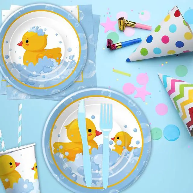Alt view image 3 of 7 - APOWBLS Rubber Duck Decorations Tableware - Bubble Bath Rubber Duck Party Supplies For Baby Shower Birthday, Paper Plate, Napkin, Tablecloth, Disposable Fork | Serves 24