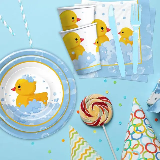 Alt view image 4 of 7 - APOWBLS Rubber Duck Decorations Tableware - Bubble Bath Rubber Duck Party Supplies For Baby Shower Birthday, Paper Plate, Napkin, Tablecloth, Disposable Fork | Serves 24