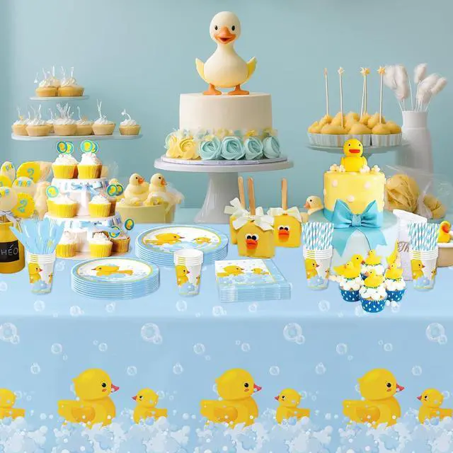Alt view image 5 of 7 - APOWBLS Rubber Duck Decorations Tableware - Bubble Bath Rubber Duck Party Supplies For Baby Shower Birthday, Paper Plate, Napkin, Tablecloth, Disposable Fork | Serves 24