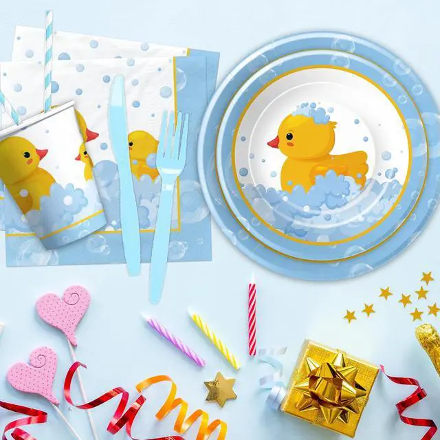 Alt view image 6 of 7 - APOWBLS Rubber Duck Decorations Tableware - Bubble Bath Rubber Duck Party Supplies For Baby Shower Birthday, Paper Plate, Napkin, Tablecloth, Disposable Fork | Serves 24