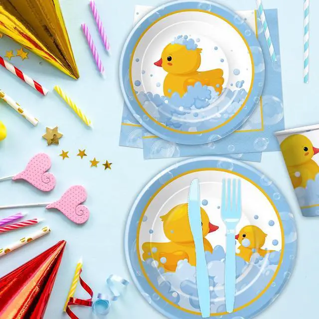 Alt view image 7 of 7 - APOWBLS Rubber Duck Decorations Tableware - Bubble Bath Rubber Duck Party Supplies For Baby Shower Birthday, Paper Plate, Napkin, Tablecloth, Disposable Fork | Serves 24
