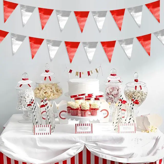 Alt view image 7 of 7 - 65FT Red Silver Glitter Triangle Pennant Banner Flag Metallic Bunting Fabric Garland for Christmas Graduation Wedding Engagement Anniversary Bachelorette Bridal Shower Valentine's Party Supplies