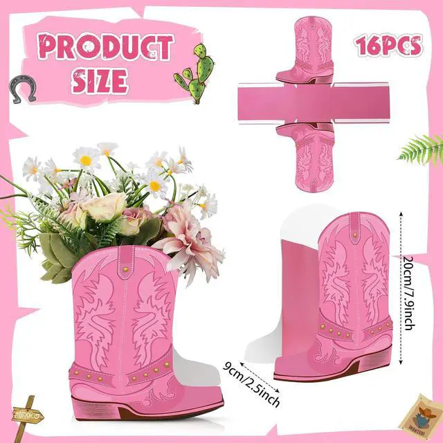 Alt view image 2 of 6 - 16 Set Pink Western Cowgirl Boots Flower Boxes Centerpiece Boot Shape Gift Boxes Party Decoration Vase Centerpieces for Tables Boots Rodeo Birthday Party Baby Shower Wedding Supplies