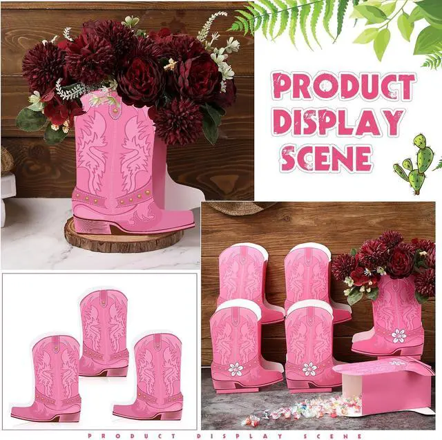 Alt view image 5 of 6 - 16 Set Pink Western Cowgirl Boots Flower Boxes Centerpiece Boot Shape Gift Boxes Party Decoration Vase Centerpieces for Tables Boots Rodeo Birthday Party Baby Shower Wedding Supplies