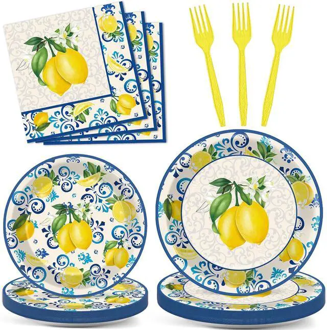 Main image of 100Pcs Capri Lemon Paper Plates and Napkins Lemon Birthday Party Decoration Disposable Summer Citrus Fruit Themed Tableware Dinnerware Set for Yellow Lemon Baby Shower Party Supplies Serve 25