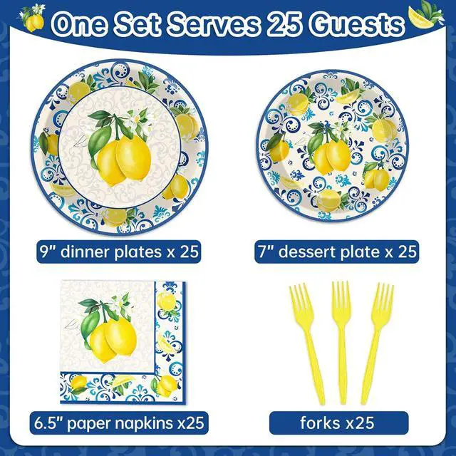 Alt view image 2 of 7 - 100Pcs Capri Lemon Paper Plates and Napkins Lemon Birthday Party Decoration Disposable Summer Citrus Fruit Themed Tableware Dinnerware Set for Yellow Lemon Baby Shower Party Supplies Serve 25