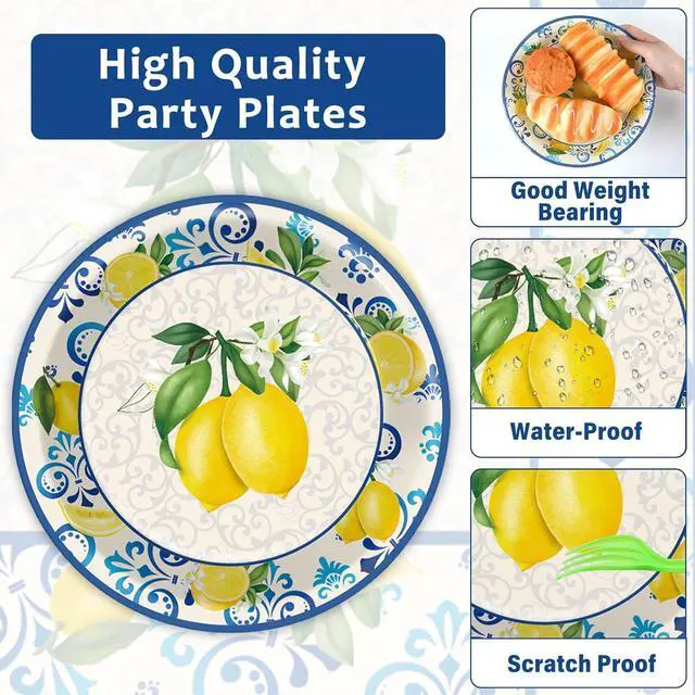 Alt view image 3 of 7 - 100Pcs Capri Lemon Paper Plates and Napkins Lemon Birthday Party Decoration Disposable Summer Citrus Fruit Themed Tableware Dinnerware Set for Yellow Lemon Baby Shower Party Supplies Serve 25