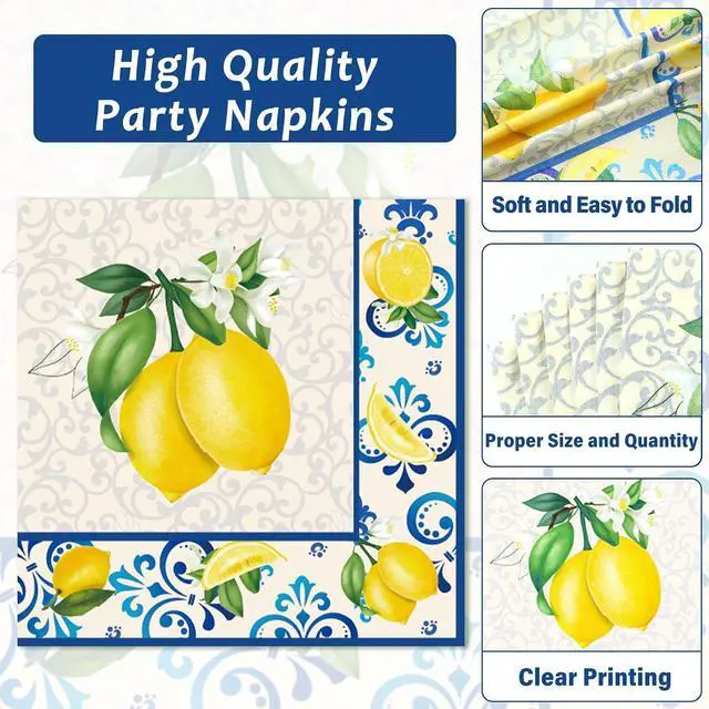Alt view image 4 of 7 - 100Pcs Capri Lemon Paper Plates and Napkins Lemon Birthday Party Decoration Disposable Summer Citrus Fruit Themed Tableware Dinnerware Set for Yellow Lemon Baby Shower Party Supplies Serve 25