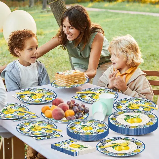 Alt view image 6 of 7 - 100Pcs Capri Lemon Paper Plates and Napkins Lemon Birthday Party Decoration Disposable Summer Citrus Fruit Themed Tableware Dinnerware Set for Yellow Lemon Baby Shower Party Supplies Serve 25