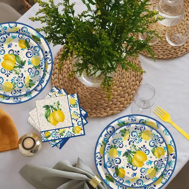 Alt view image 7 of 7 - 100Pcs Capri Lemon Paper Plates and Napkins Lemon Birthday Party Decoration Disposable Summer Citrus Fruit Themed Tableware Dinnerware Set for Yellow Lemon Baby Shower Party Supplies Serve 25