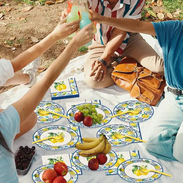 Alt view image 5 of 7 - 100Pcs Capri Lemon Paper Plates and Napkins Lemon Birthday Party Decoration Disposable Summer Citrus Fruit Themed Tableware Dinnerware Set for Yellow Lemon Baby Shower Party Supplies Serve 25
