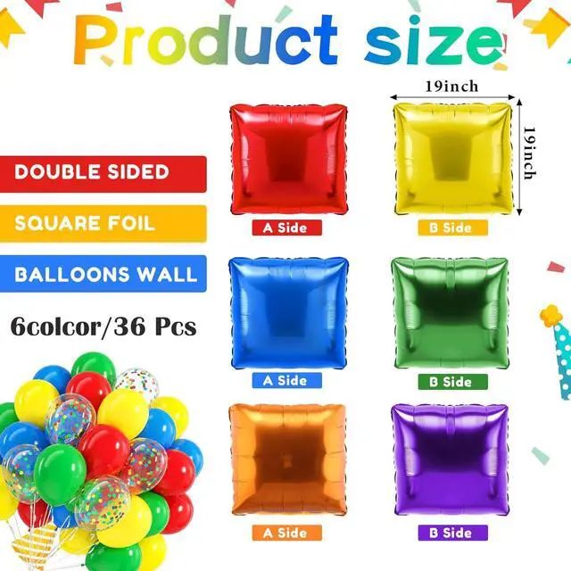 Alt view image 3 of 7 - 36 Pcs Rainbow Birthday Decorations Balloons Brick Square Foil Balloon Wall Backdrop Arch Kit Double Sided Metallic for Cartoon Video Game Party Supplies(Red Yellow Blue Green Orange Purple)