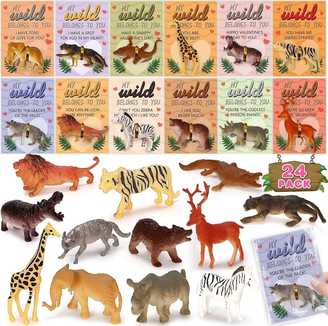 Main image of IJIGU Valentines Day Cards for Kids School, 24 Pack Valentines Day Cards with Wild Animals Figures Toys, Valentines Day Exchange Gifts for Kids, Ideal Classroom Prize & Party Favors Supply