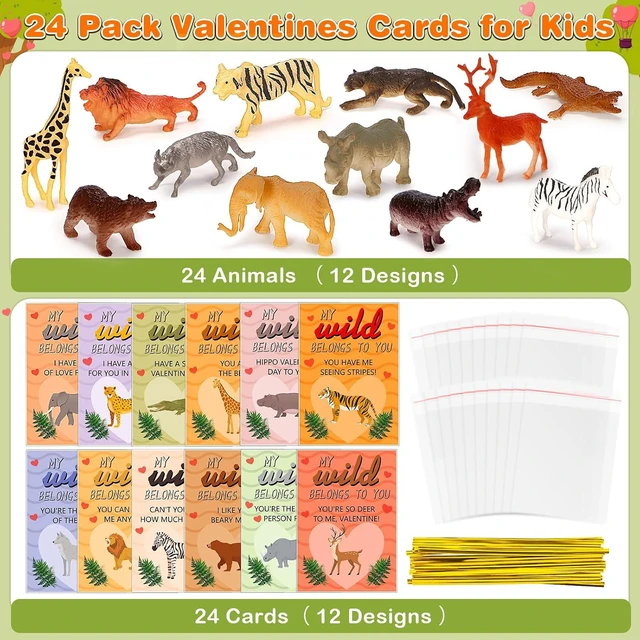 Alt view image 2 of 7 - IJIGU Valentines Day Cards for Kids School, 24 Pack Valentines Day Cards with Wild Animals Figures Toys, Valentines Day Exchange Gifts for Kids, Ideal Classroom Prize & Party Favors Supply
